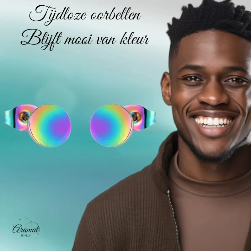 Regenboogkleurige Stalen Ronde Oorbellen Van Roestvrij Staal - 8mm -