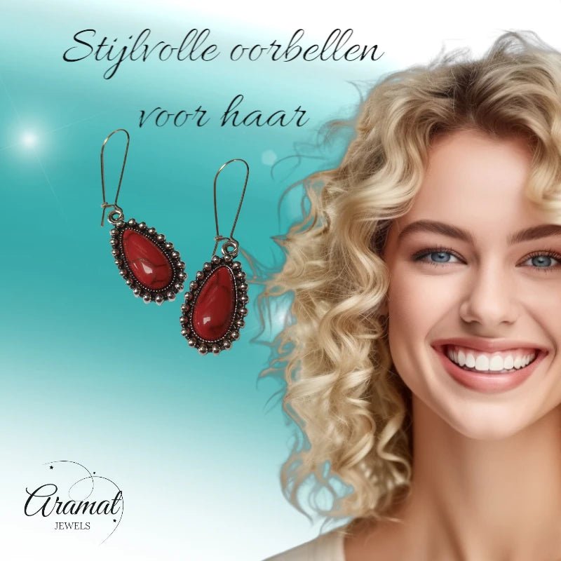 Boho Druppel Oorhangers met Steen - Aqua Blauw -
