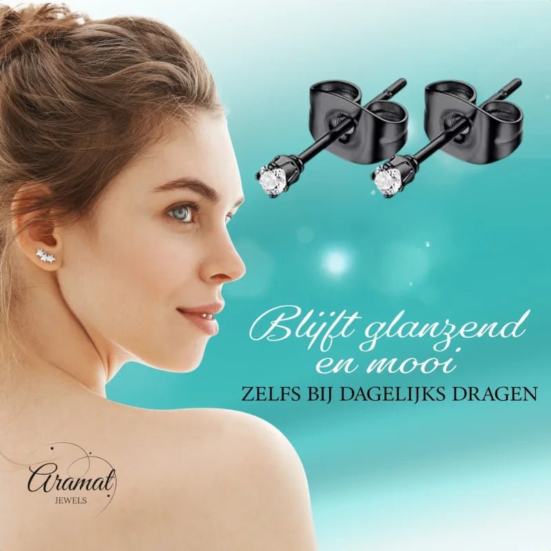 Stalen Zwarte Oorbellen met Transparante Zirkonia - 3mm -