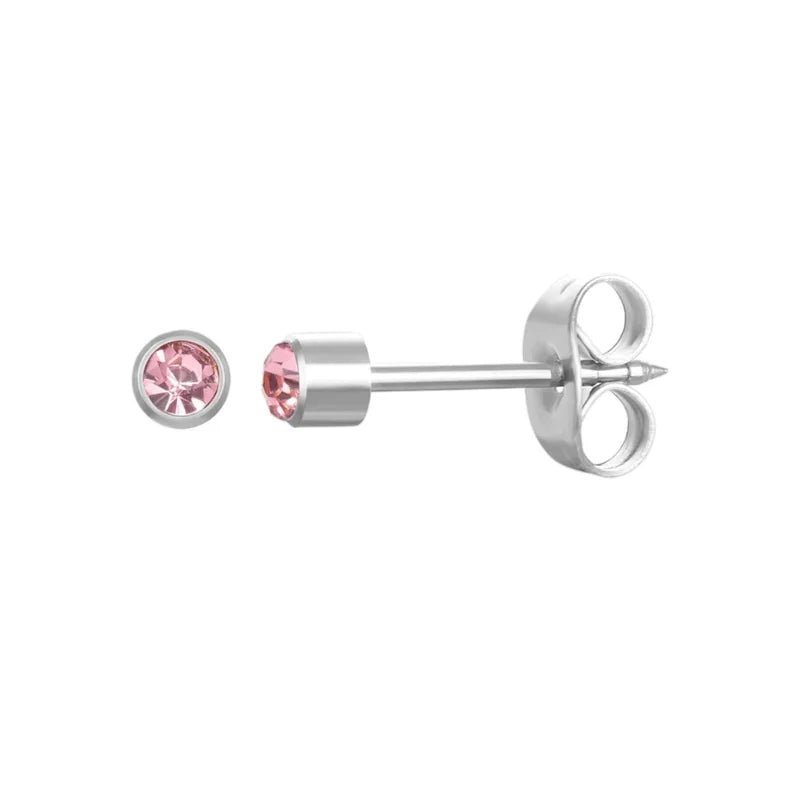 Stalen Schietoorbellen met Kristalsteentje - Zilverkleur / 3mm / Licht Roze -