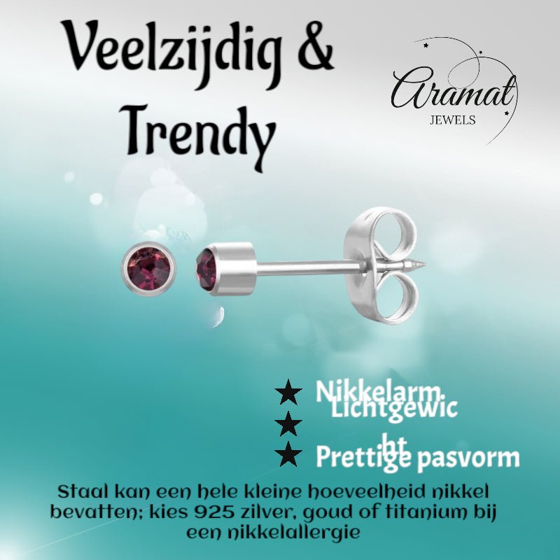 Stalen Schietoorbellen met Kristalsteentje - Zilverkleur / 3mm / Blue Zircon -