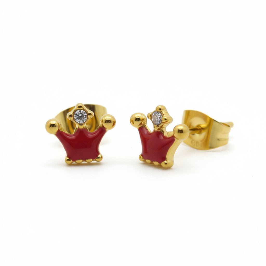 Stalen Emaille oorbellen kroontje met steentje - Goudkleur / Rood -