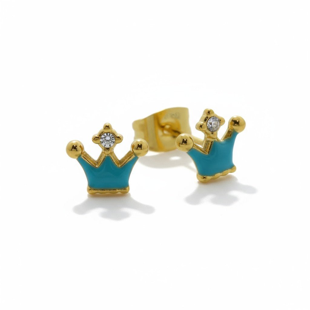 Stalen Emaille oorbellen kroontje met steentje - Goudkleur / Aqua Blauw -