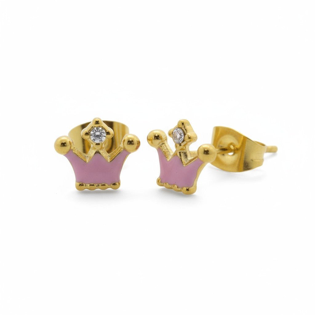 Stalen Emaille oorbellen kroontje met steentje - Goudkleur / Roze -