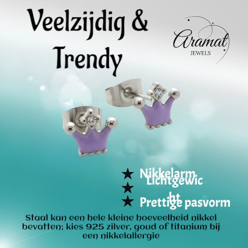 Stalen Emaille oorbellen kroontje met steentje - Zilverkleur / Lila -