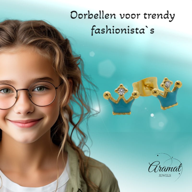 Stalen Emaille oorbellen kroontje met steentje - Zilverkleur / Roze -
