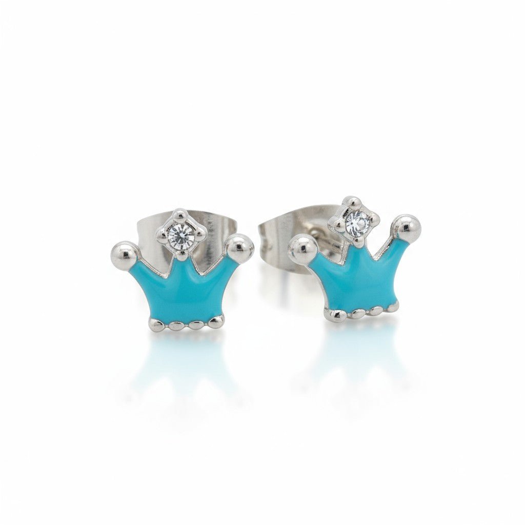 Stalen Emaille oorbellen kroontje met steentje - Zilverkleur / Aqua Blauw -
