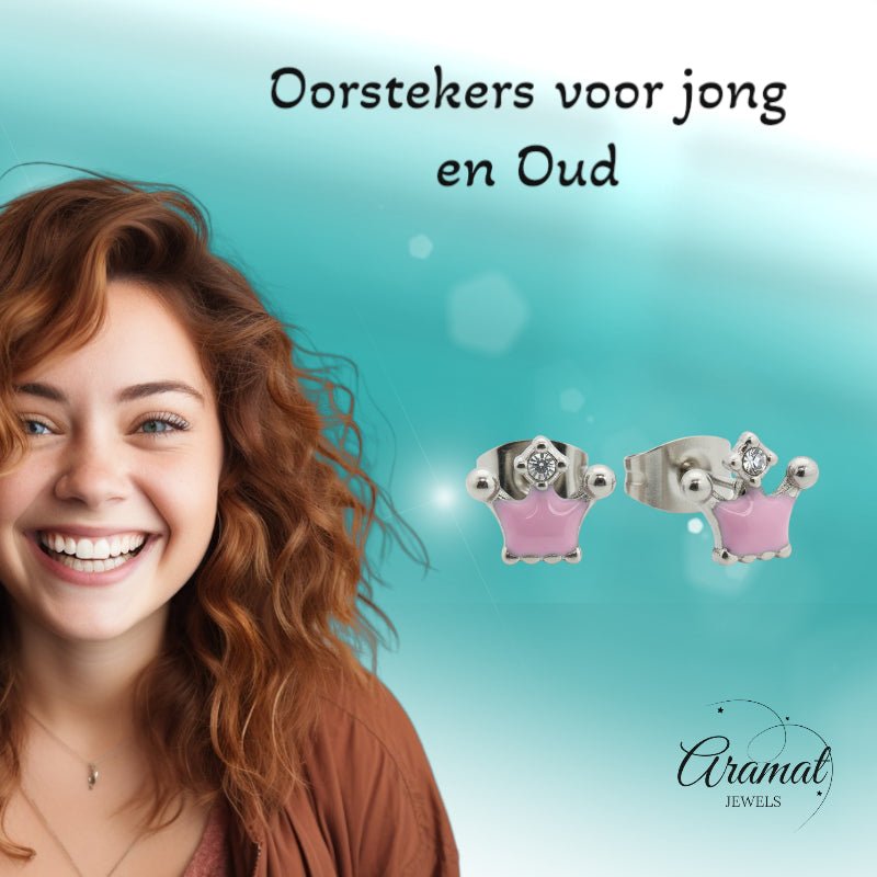 Stalen Emaille oorbellen kroontje met steentje - Zilverkleur / Aqua Blauw -