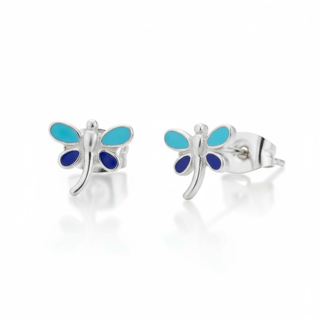 Stalen Emaille oorbellen Libelle - Zilverkleur / Licht en Donker Blauw -