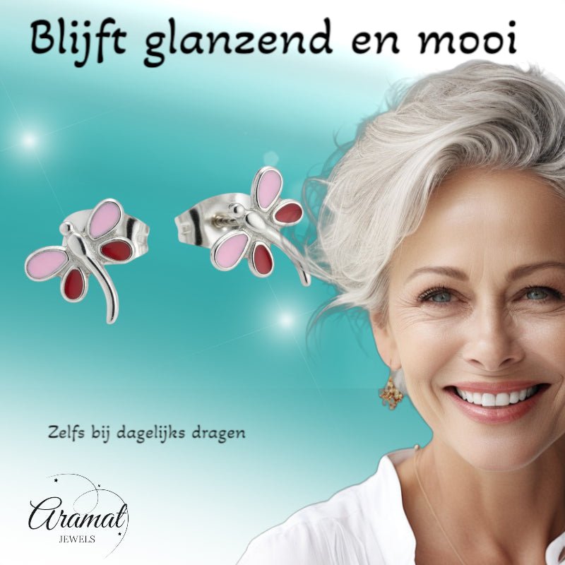 Stalen Emaille oorbellen Libelle - Zilverkleur / Licht en Donker Blauw -