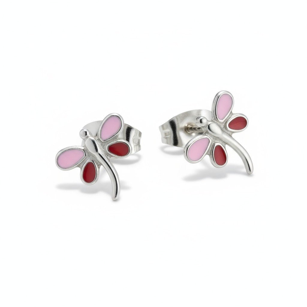 Stalen Emaille oorbellen Libelle - Zilverkleur / Rood en Roze -