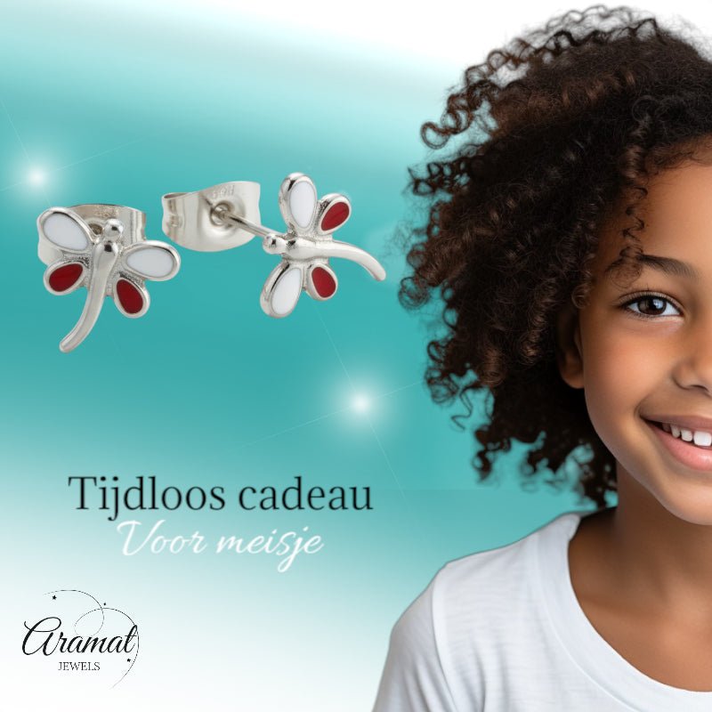 Stalen Emaille oorbellen Libelle - Zilverkleur / Rood en Roze -
