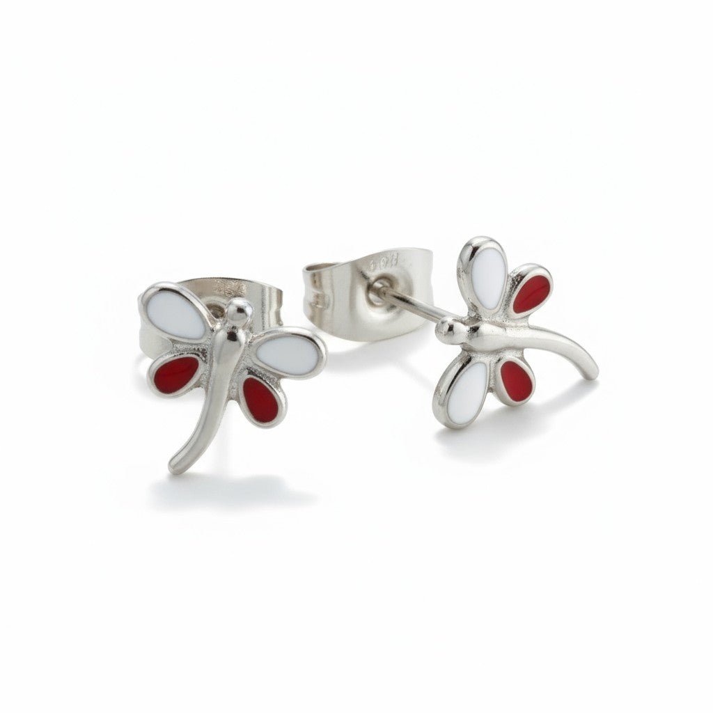 Stalen Emaille oorbellen Libelle - Zilverkleur / Wit en Rood -