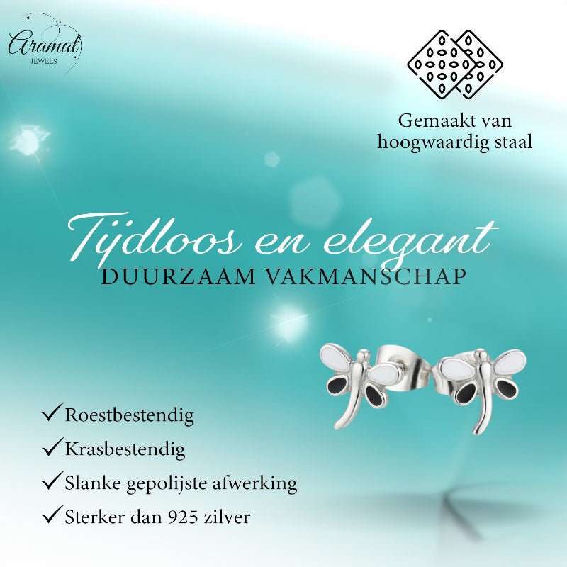 Stalen Emaille oorbellen Libelle - Zilverkleur / Wit en Rood -