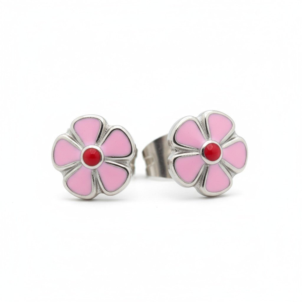 Stalen Emaille oorbellen bloem - Roze -