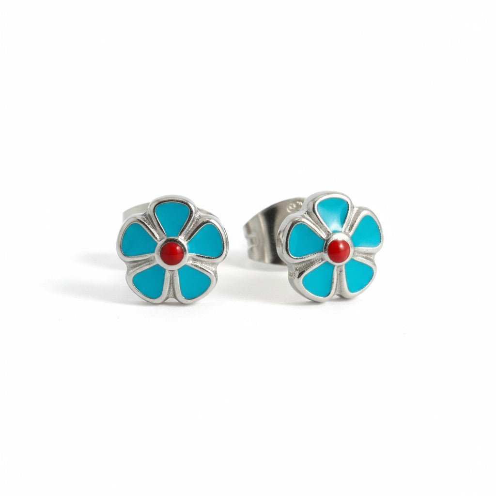 Stalen Emaille oorbellen bloem - Blauw -