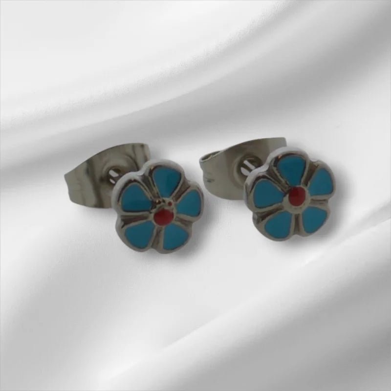 Stalen Emaille oorbellen bloem - Blauw -
