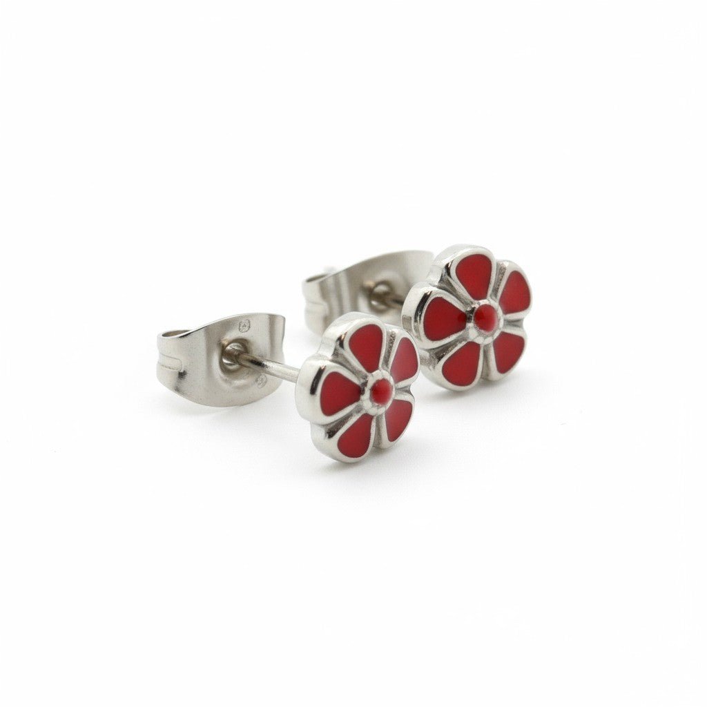 Stalen Emaille oorbellen bloem - Rood -