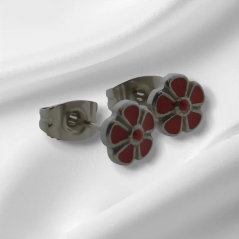 Stalen Emaille oorbellen bloem - Rood -