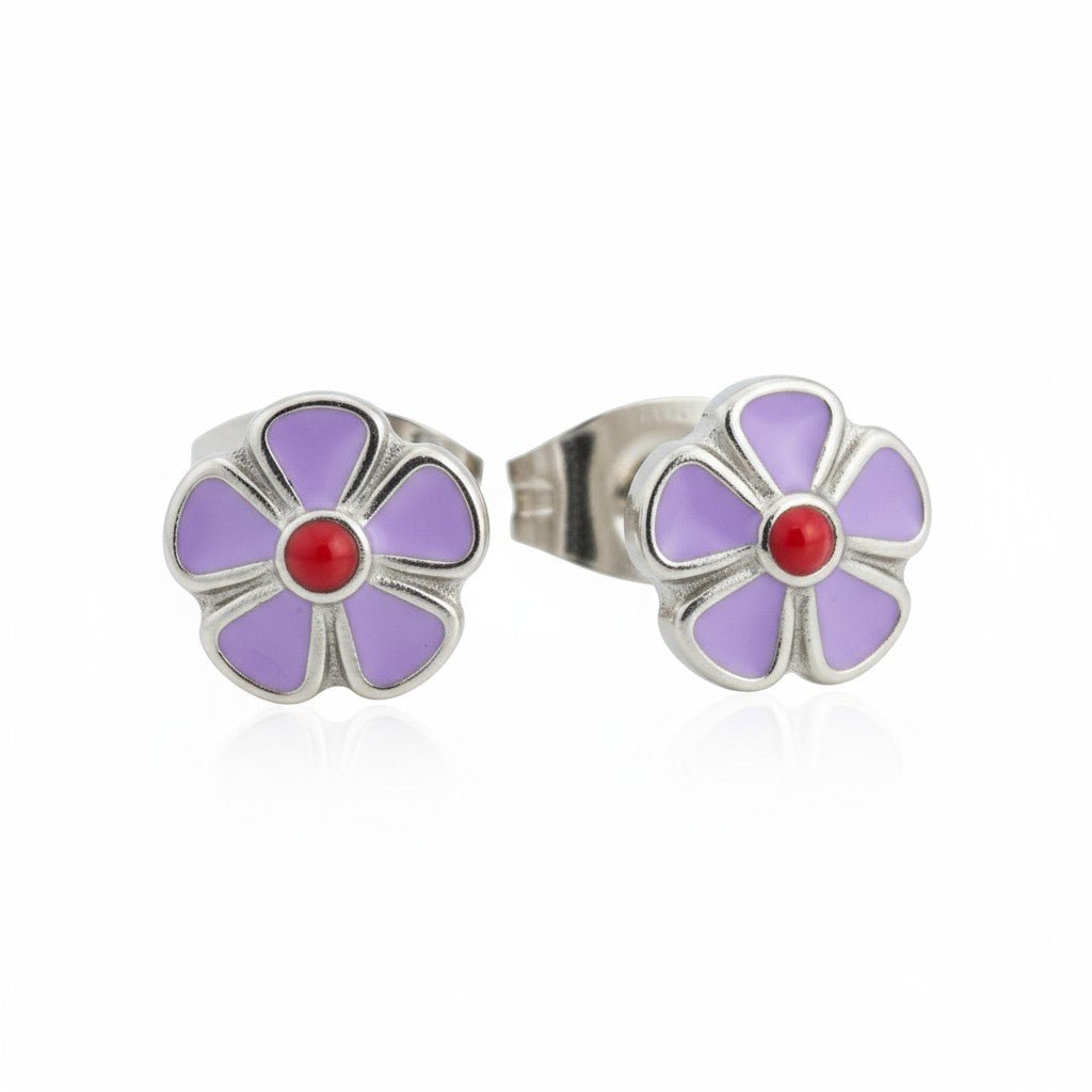 Stalen Emaille oorbellen bloem - Lila -