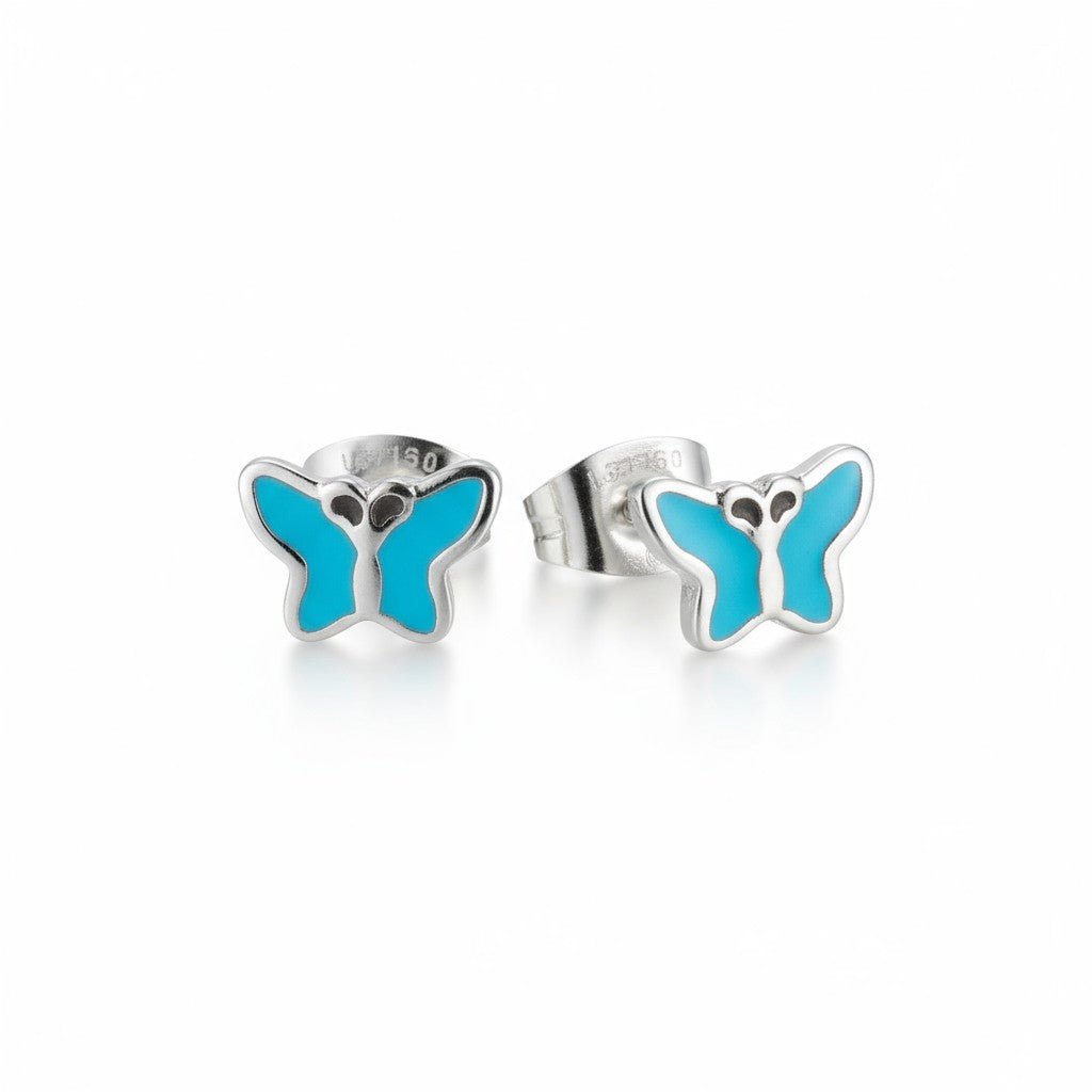Stalen Emaille oorbellen vlindertje - Zilverkleur / Blauw -