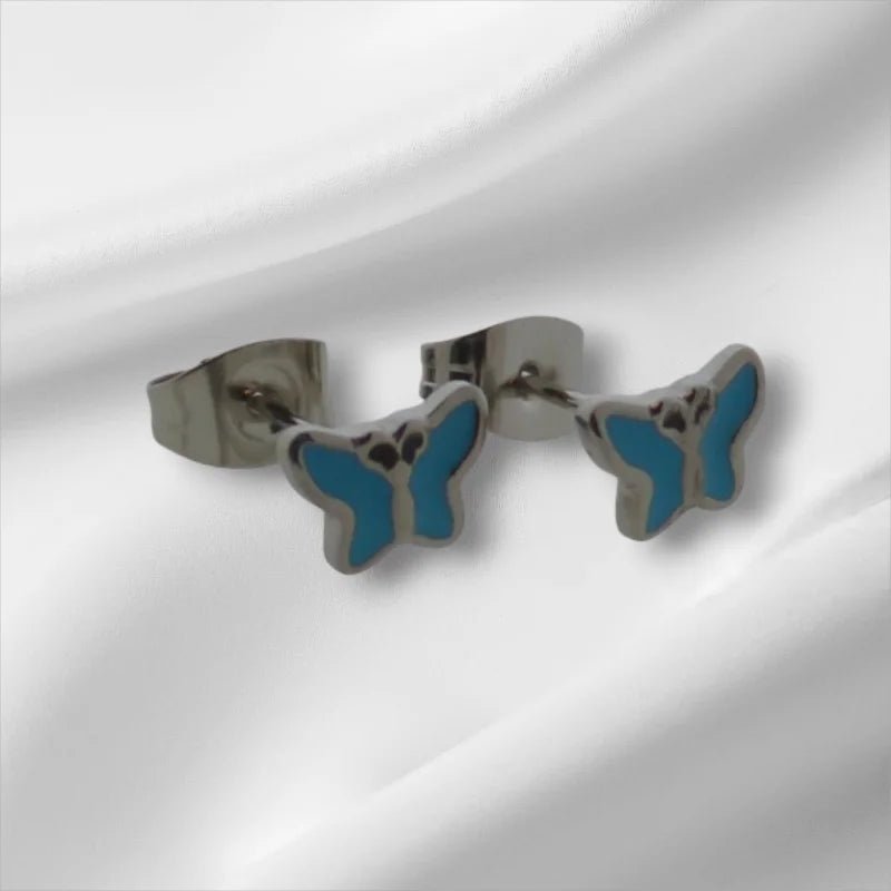 Stalen Emaille oorbellen vlindertje - Zilverkleur / Blauw -