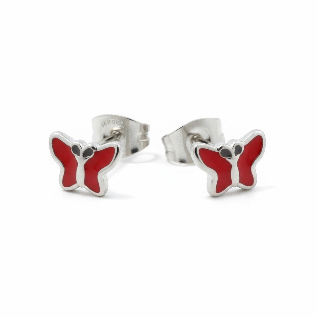 Stalen Emaille oorbellen vlindertje - Zilverkleur / Rood -