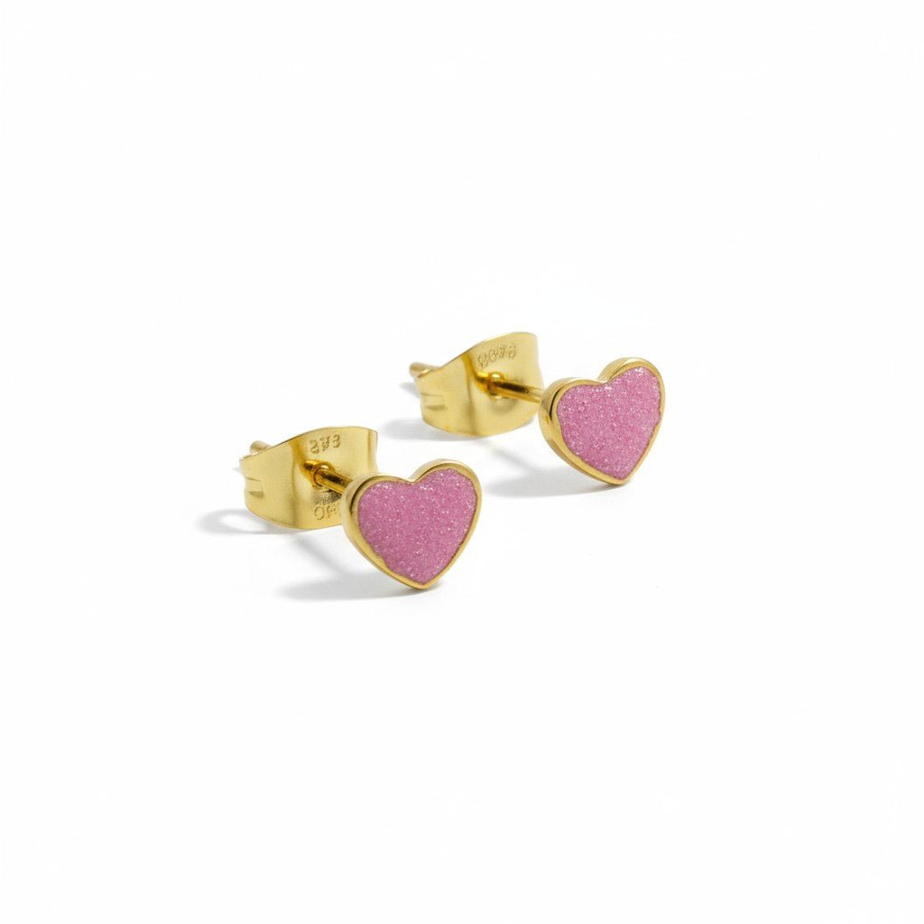 Stalen Emaille oorbellen hartje met glitters - Roze -