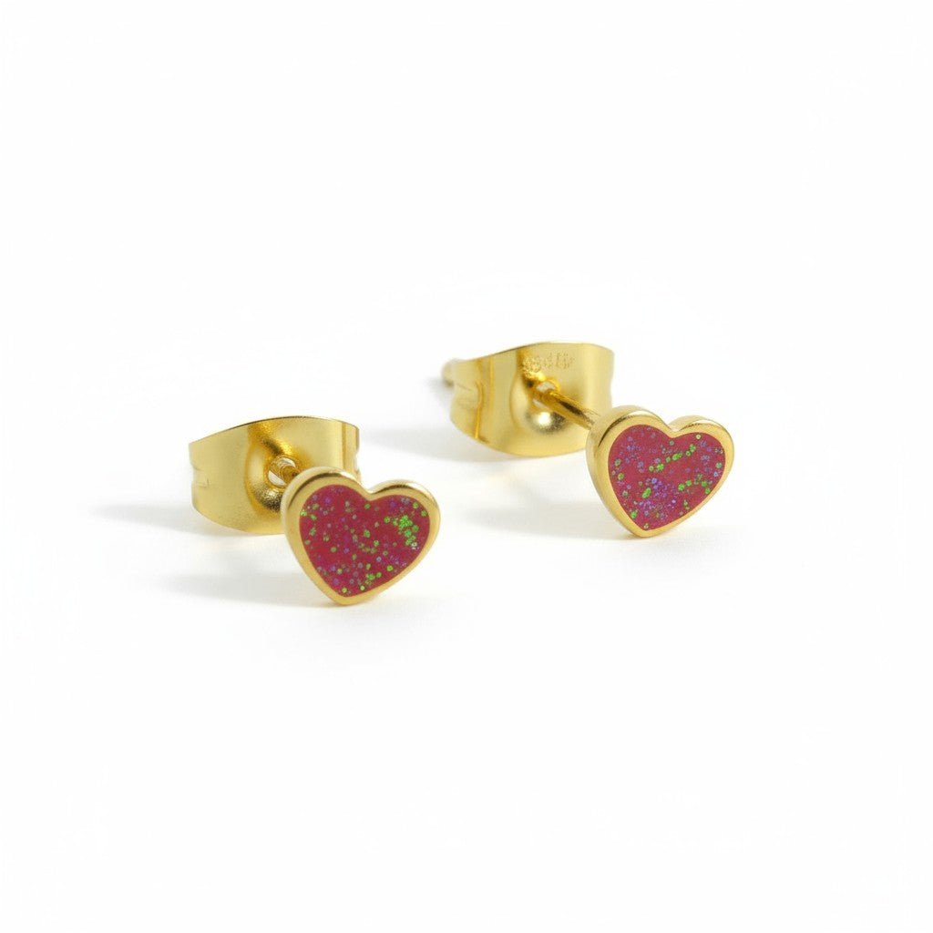 Stalen Emaille oorbellen hartje met glitters - Rood -