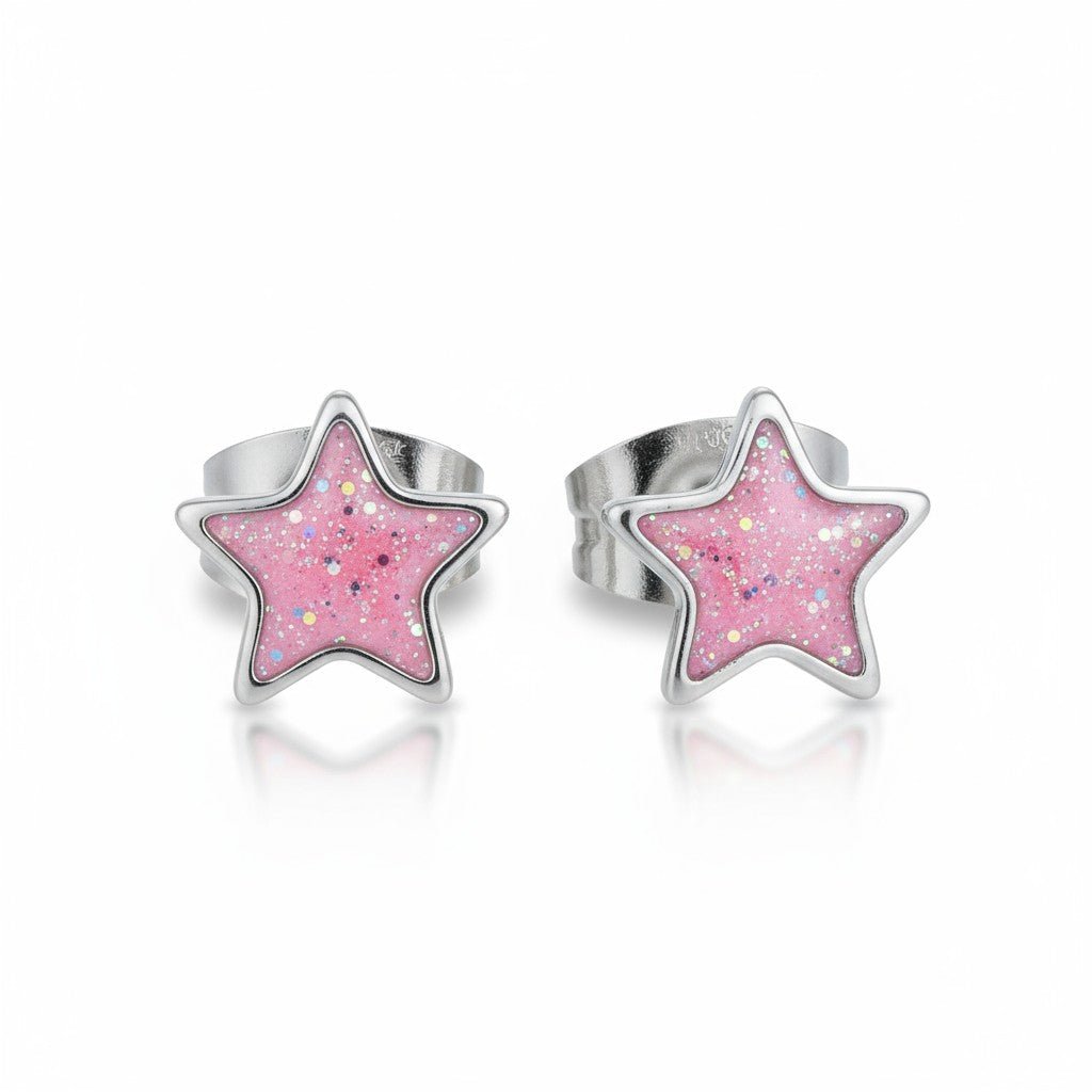 Stalen Emaille oorbellen ster met glitters - Zilverkleur / Roze -