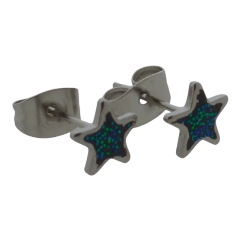 Stalen Emaille oorbellen ster met glitters - Zilverkleur / Roze -