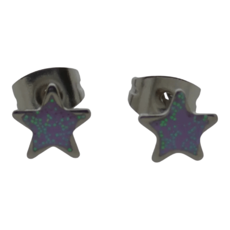 Stalen Emaille oorbellen ster met glitters - Zilverkleur / Roze -