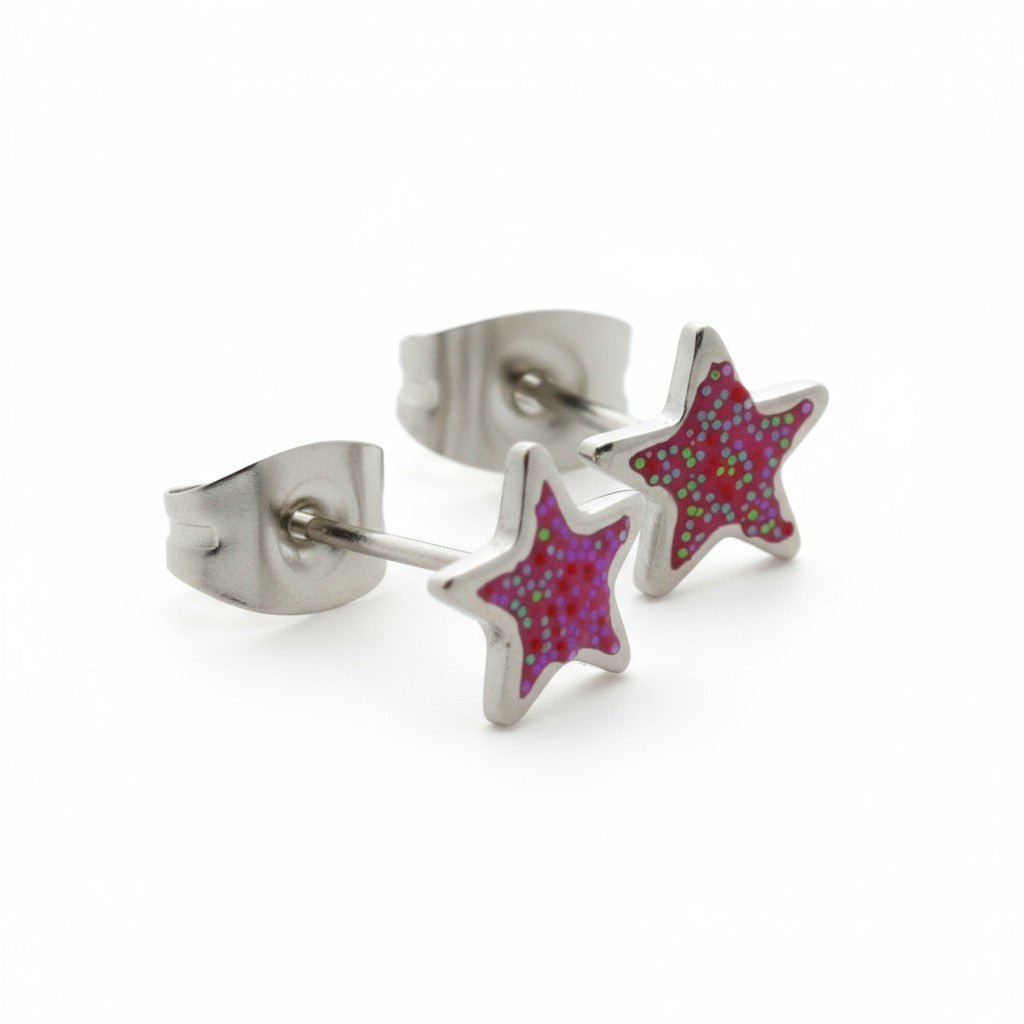Stalen Emaille oorbellen ster met glitters - Zilverkleur / Rood -