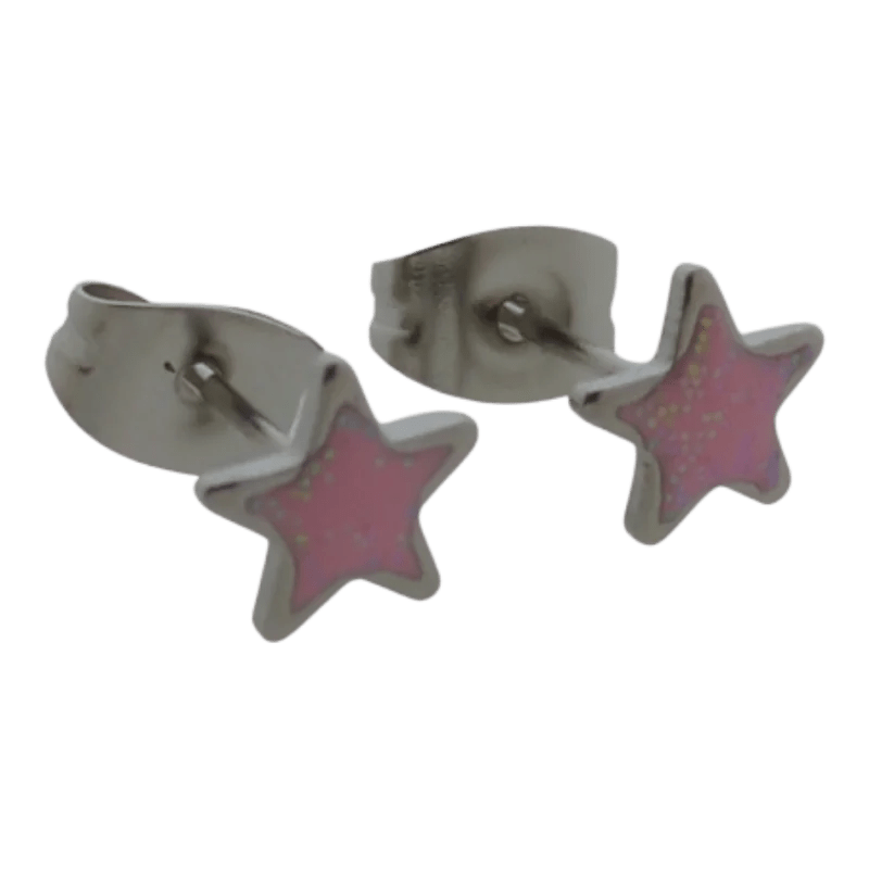 Stalen Emaille oorbellen ster met glitters - Zilverkleur / Rood -