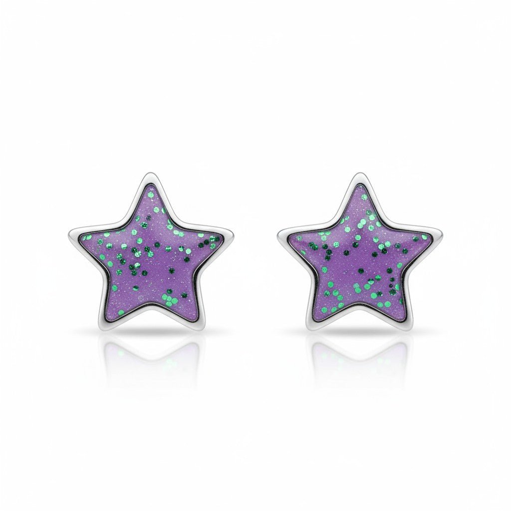 Stalen Emaille oorbellen ster met glitters - Zilverkleur / Lila -