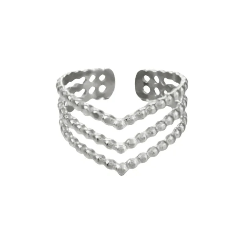Brede Stalen verstelbare ring -V shape met bolletjes motief - Zilverkleur -
