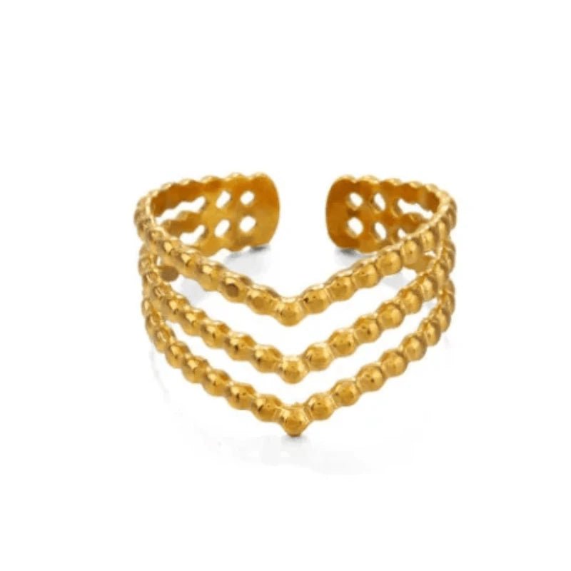 Brede Stalen verstelbare ring -V shape met bolletjes motief - Zilverkleur -