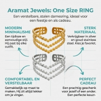 Brede Stalen verstelbare ring -V shape met bolletjes motief - Zilverkleur -