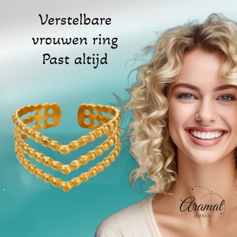 Brede Stalen verstelbare ring -V shape met bolletjes motief - Zilverkleur -