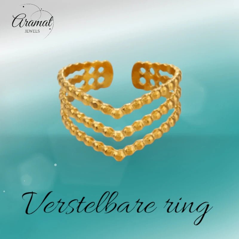 Brede Stalen verstelbare ring -V shape met bolletjes motief - Zilverkleur -