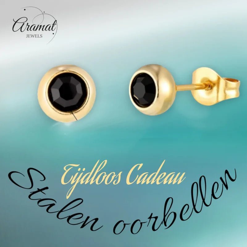 Stalen Bolletjes oorbellen met zwarte zirkonia-5mm -