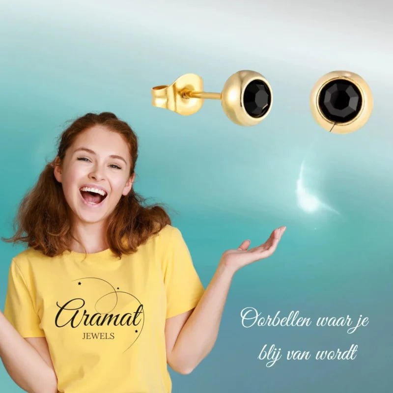 Stalen Bolletjes oorbellen met zwarte zirkonia-5mm -