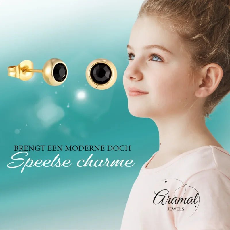 Stalen Bolletjes oorbellen met zwarte zirkonia-5mm -