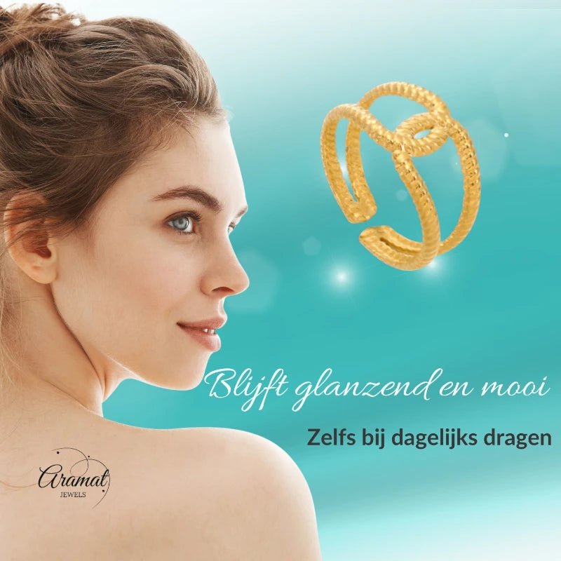 Stalen verstelbare ring -knoop met  motief - Zilverkleur -