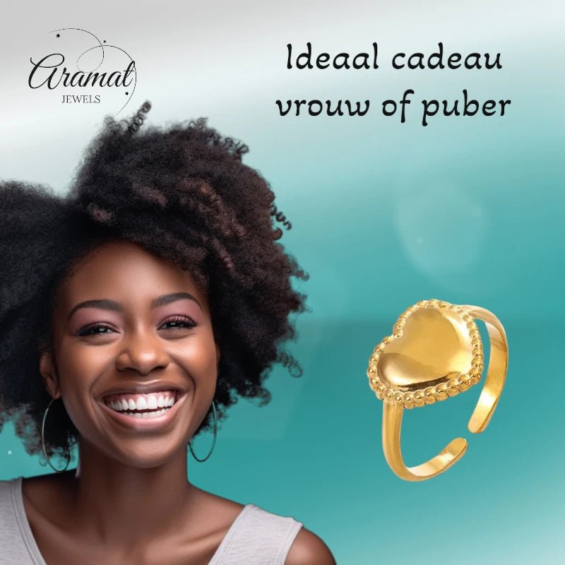Stalen verstelbare ring -hart met bolletjes rand - Zilverkleur -