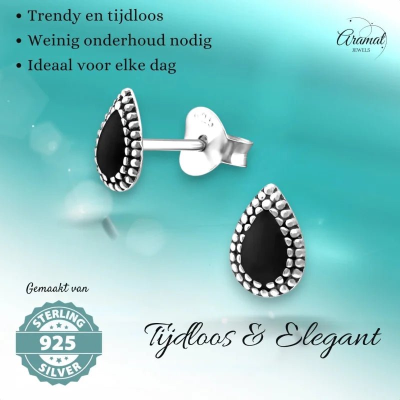 Zilveren Bali Druppel Oorbellen &acirc;&euro;&ldquo; 7x4mm &acirc;&euro;&ldquo; Emaille in Zwart, Bl