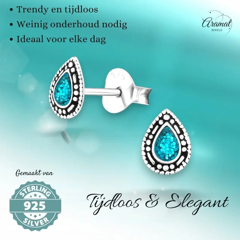 Zilveren Bali Druppel Oorbellen &acirc;&euro;&ldquo; Glitter Emaille &acirc;&euro;&ldquo; 6x4mm - Bl