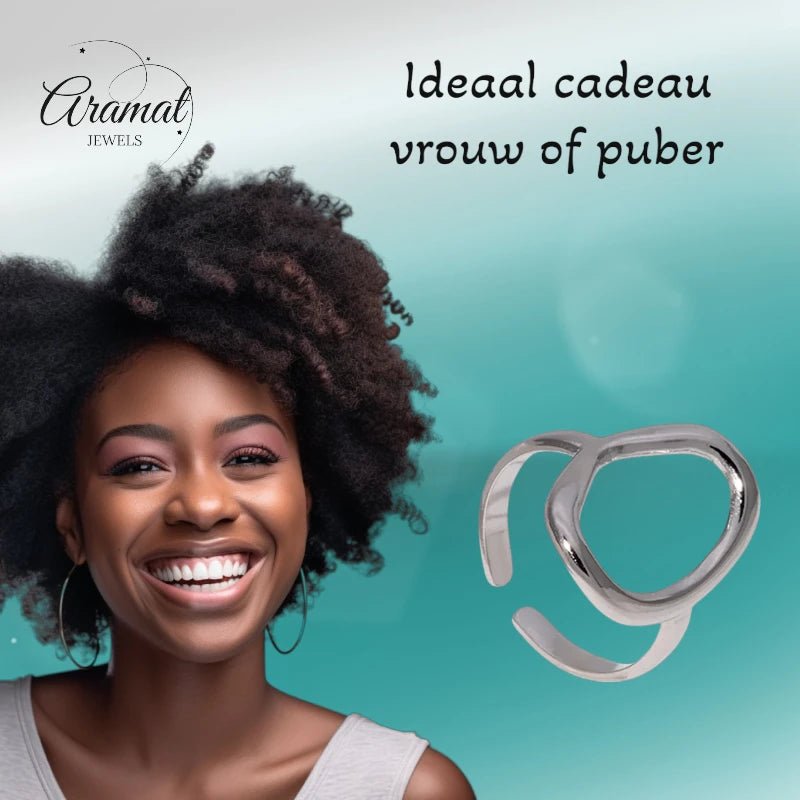 Stalen Verstelbare Ring - Ovale Cirkel - One Size - Zilverkleur -