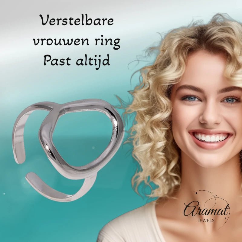 Stalen Verstelbare Ring - Ovale Cirkel - One Size - Zilverkleur -
