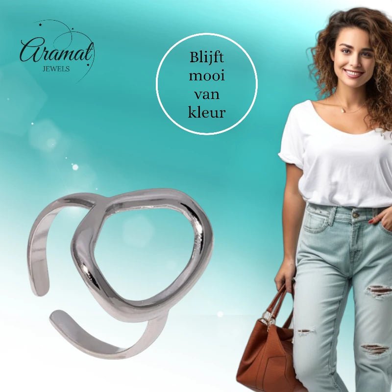 Stalen Verstelbare Ring - Ovale Cirkel - One Size - Zilverkleur -